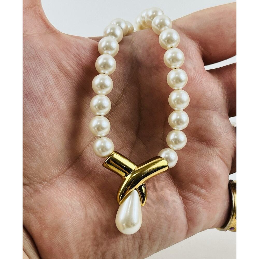 Vintage Napier Faux Pearl Bead Necklace Chunky Dangle Gold Tone Signed Fold Over